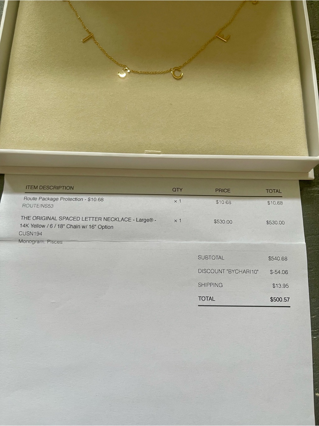 Bychari Gold Pisces Letter Charm Necklace — image 3 of 4